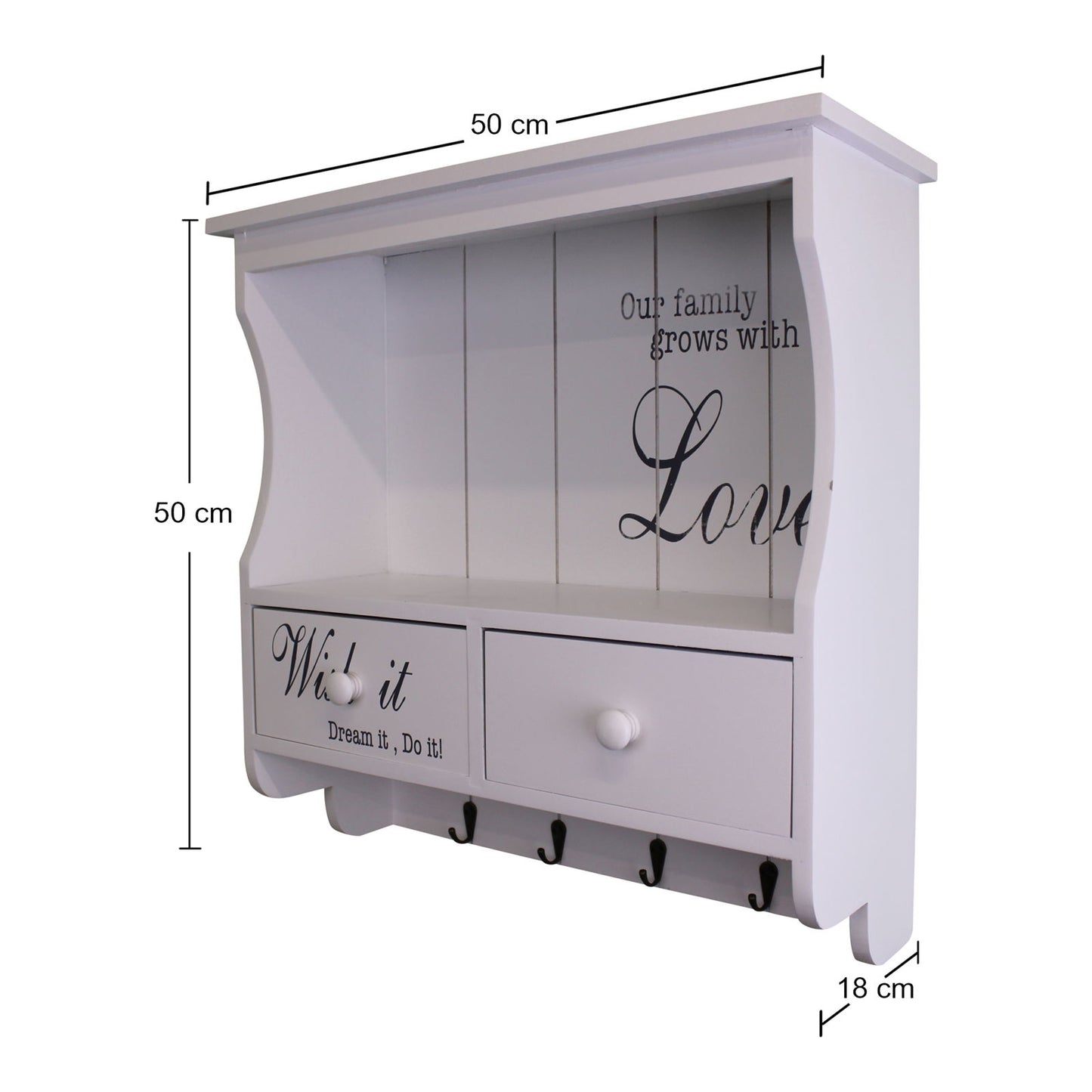Wall Unit in White with Hooks, Drawers & Shelf