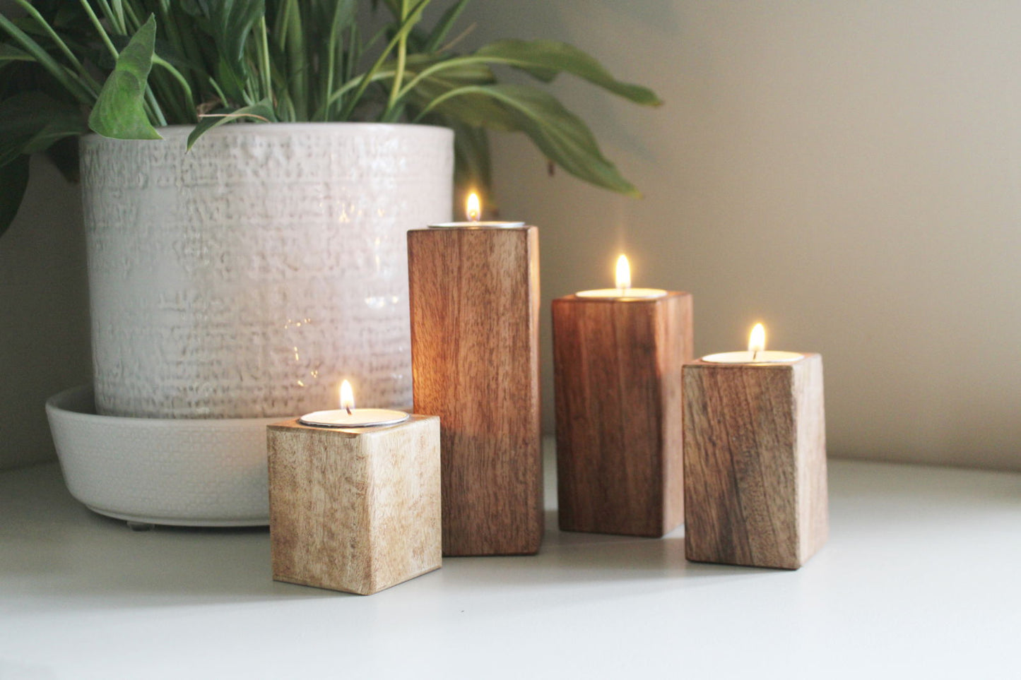 Set of Four Mango Wood Tealight Holders