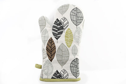 Kitchen Oven Glove With Contemporary Green Leaf Print Design