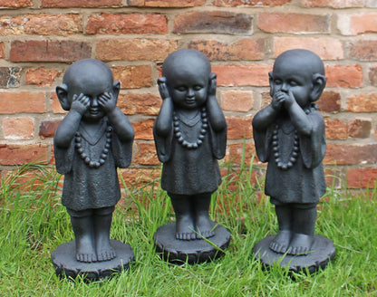 Set Of 3 Stone Effect See No Evil, Hear No Evil, Speak No Evil Monks