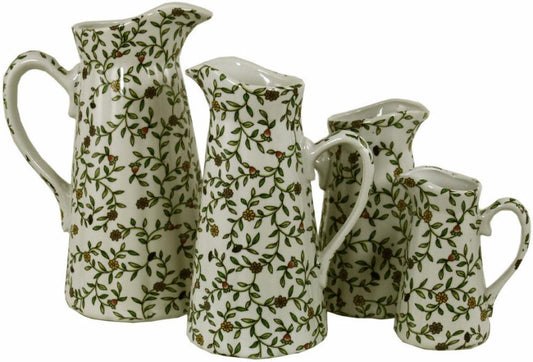 Set of 4 Ceramic Jugs  Vintage Green & White Floral Design