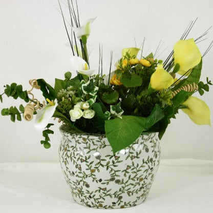 Ceramic Planter  Vintage Green & White Floral Design