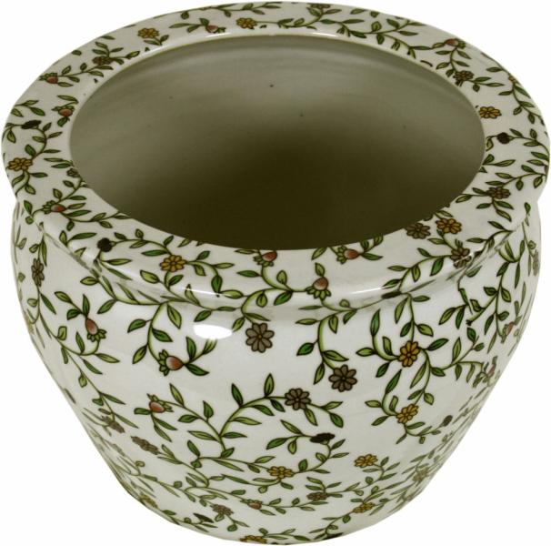 Ceramic Planter  Vintage Green & White Floral Design