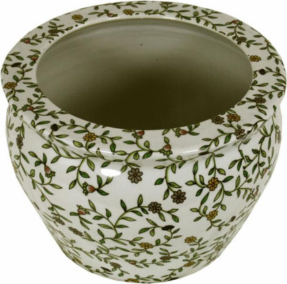 Ceramic Planter  Vintage Green & White Floral Design