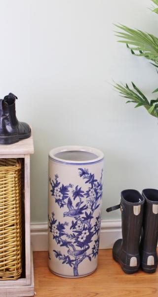 Umbrella Stand  Vintage Blue & White Bird Design