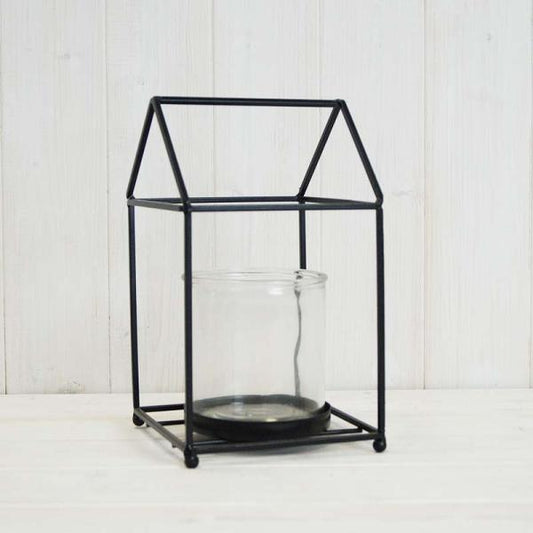 Black house shape lantern with glass insert