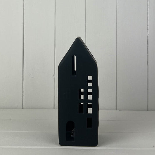 Tall Black Ceramic LED House with Cut Out Windows H19.8cm W8.1cm D7.3cm  Weight-387g