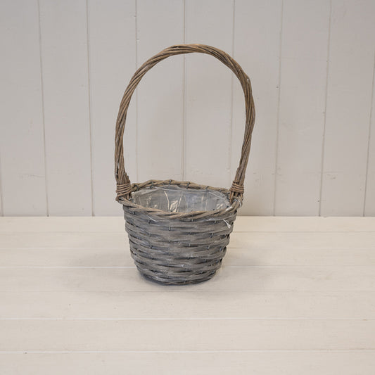 Round Greywashed Willow Basket with overhandle