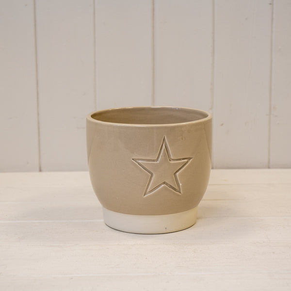 Warm Grey Debossed Star Pot D14.5cm x H12.5cm x B11cm