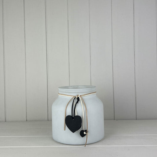 White Frosted glass jar with white heart deco TD 12cm (int)10.5cm MD16cm H15.5cm12 CL