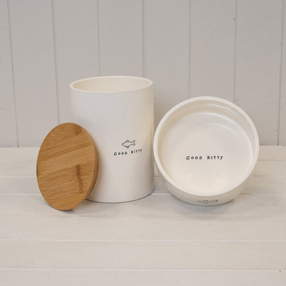 Good Kitty' Ceramic Treat Jar with Bamboo lid.