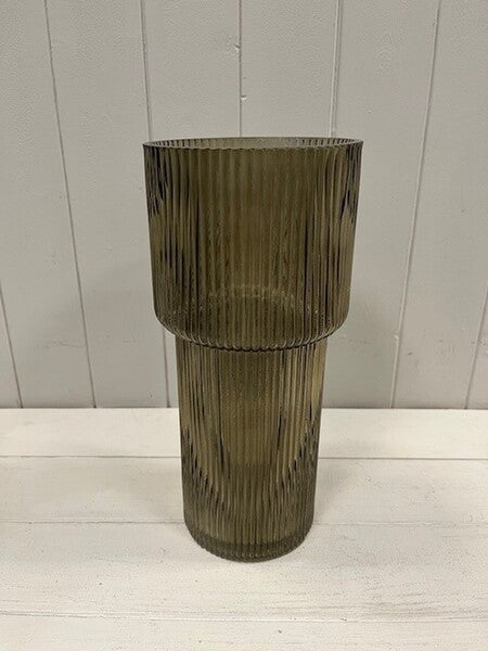 Olive Green Tall Glass Ribbed Vase