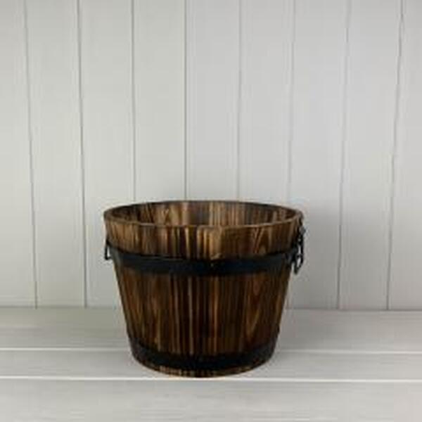 Burntwood Wooden Barrel with metal handles and drainage hole. TD32 X