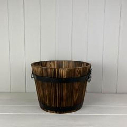Burntwood Wooden Barrel with metal handles and drainage hole. TD32 X