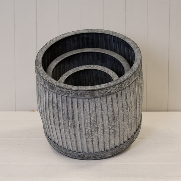 Set of 3 Round Galvanised Ribbed  Planter