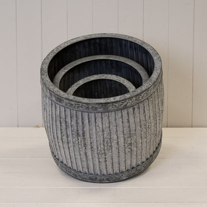 Set of 3 Round Galvanised Ribbed  Planter