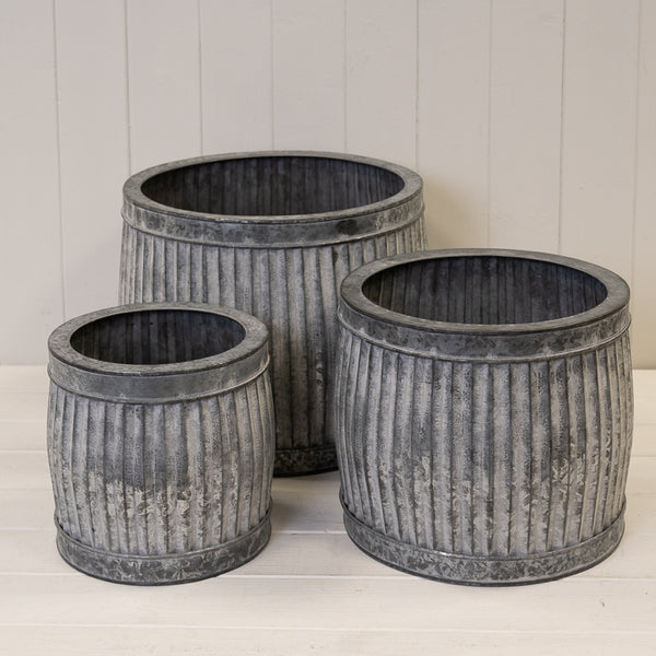 Set of 3 Round Galvanised Ribbed  Planter
