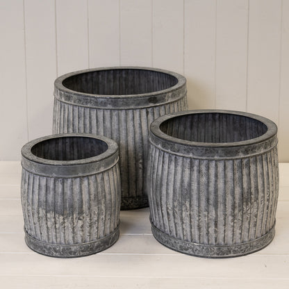 Set of 3 Round Galvanised Ribbed  Planter