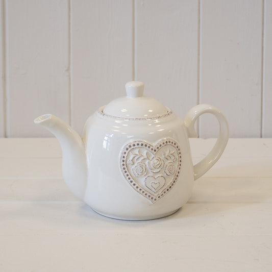 White Ceramic Teapot with Floral Heart Detail